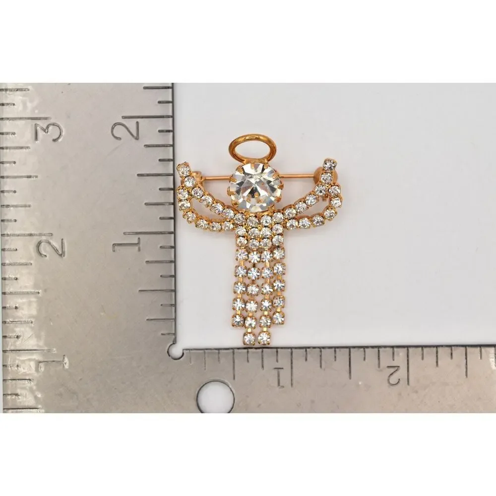 Vintage Crystal Angel Pin Brooch Prong Rhinestone Halo Gold Tone Fringe BinAL